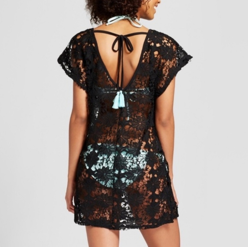Black Crochet Lace Cover-Up Dress With Teal Tassels